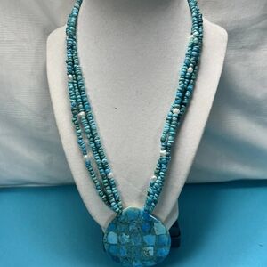Vintage Sajun Turquoise & Abalone Riversible Turquoise Beaded Necklace Silver.